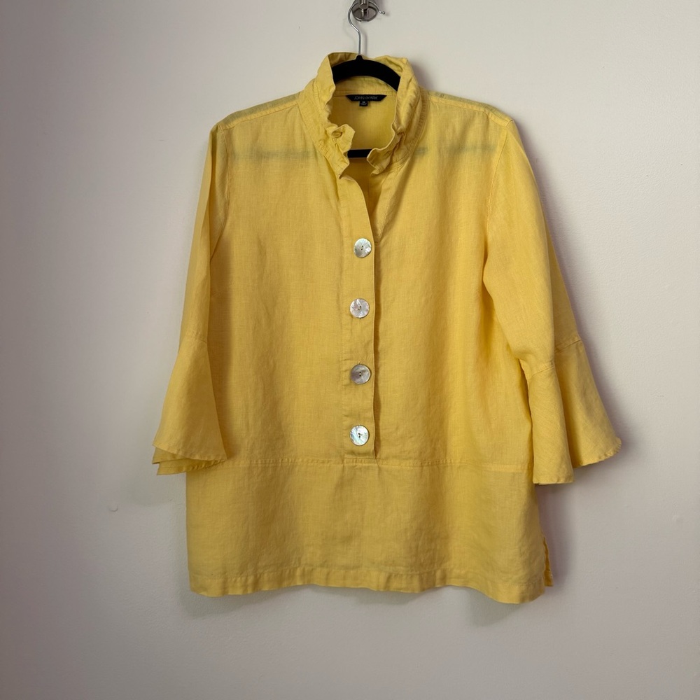 John Mark Bright Sunny Yellow 100% Linen Shirt with Large Pearl Buttons, size M